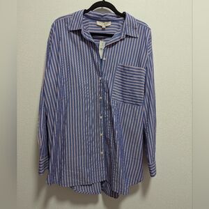 NWT - LOFT Blue and Pink Striped Button-Down Shirt